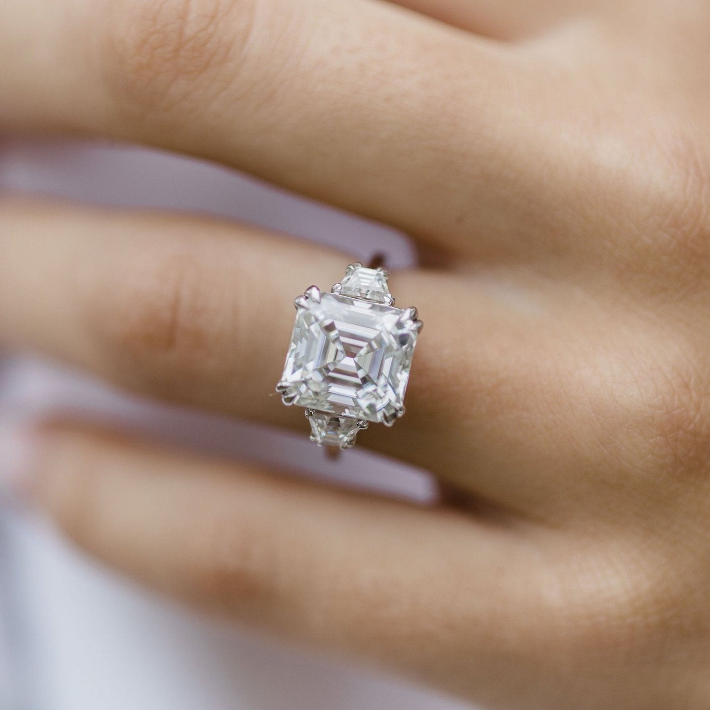 4.1 CT Asscher Three Stone Lab Grown Diamond Engagement Ring