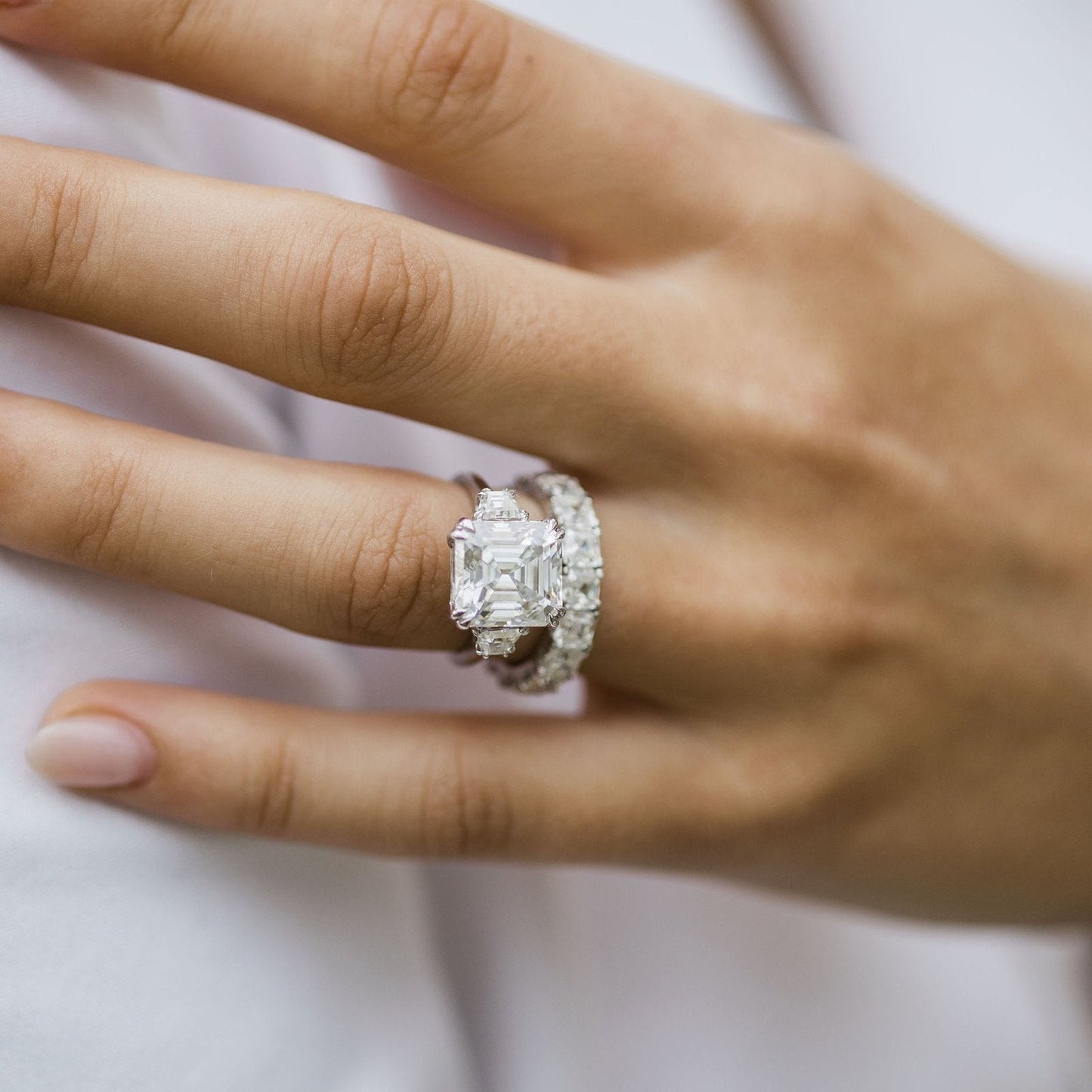 4.1 CT Asscher Three Stone Lab Grown Diamond Engagement Ring