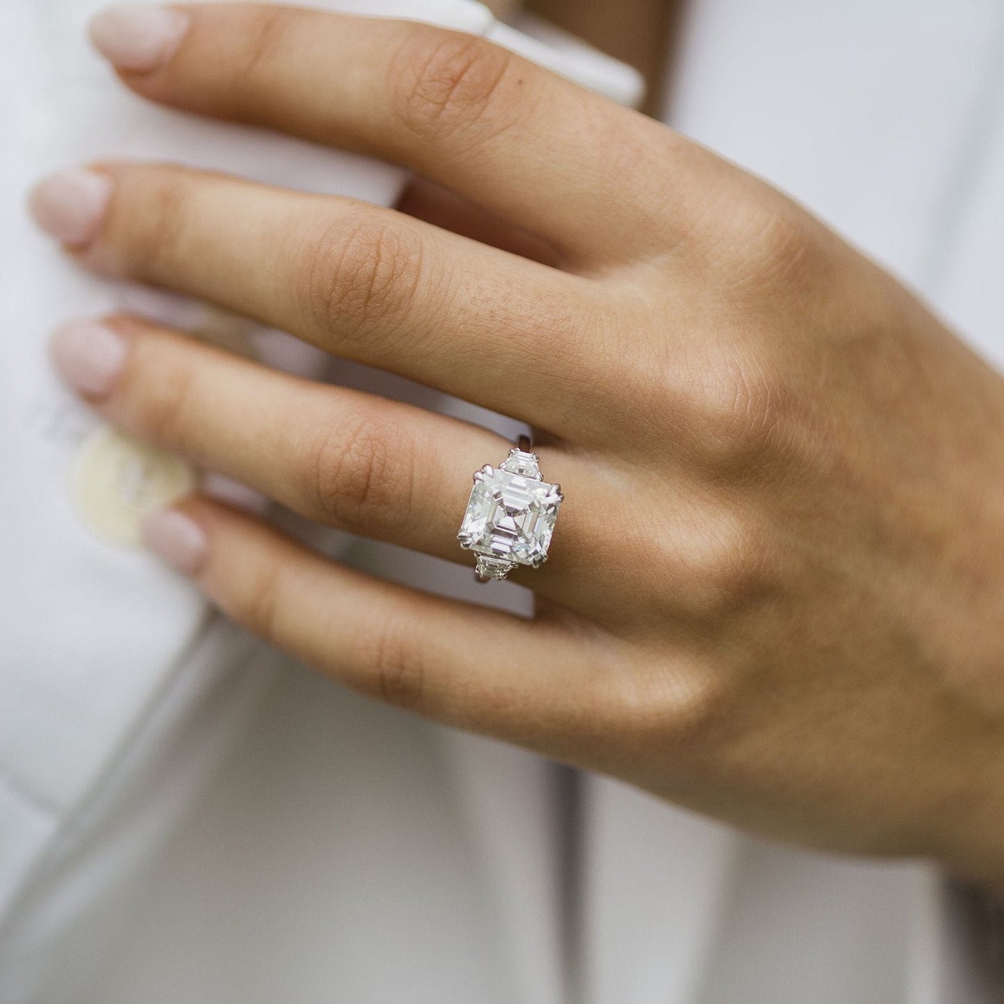 4.1 CT Asscher Three Stone Lab Grown Diamond Engagement Ring