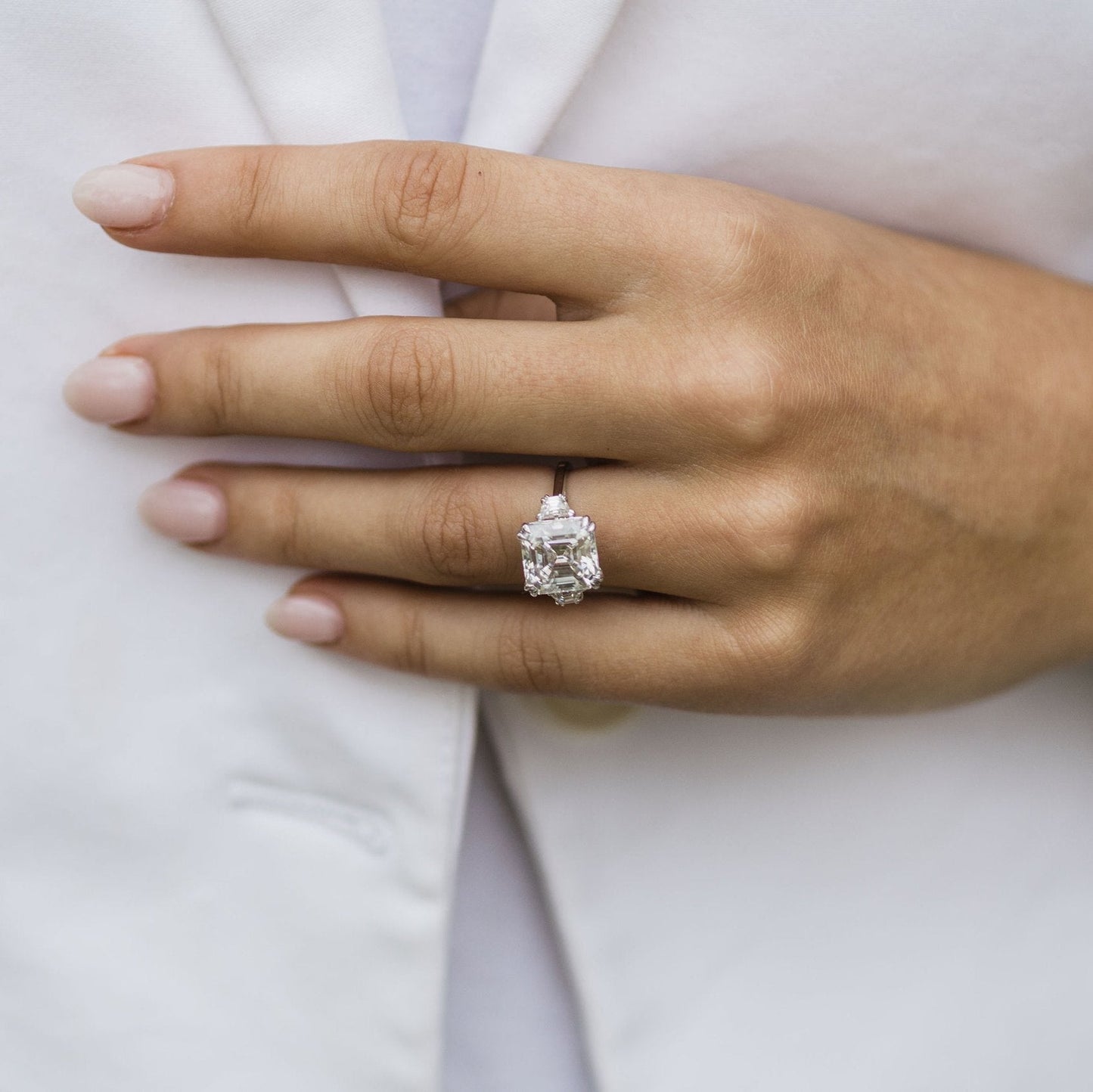 4.1 CT Asscher Three Stone Lab Grown Diamond Engagement Ring